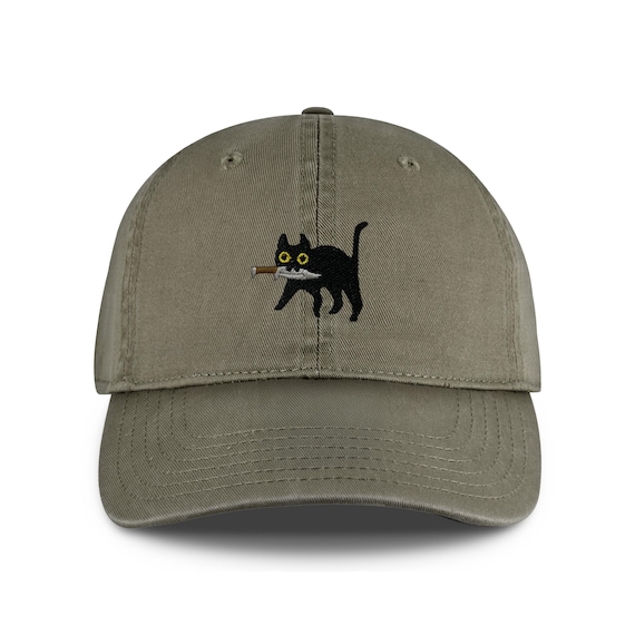 Premium Black Cat Embroidered Dad Hat – Stealthy Black Cat with Dagger Design Baseball Cap for Men & Women, Adjustable Classic Hat