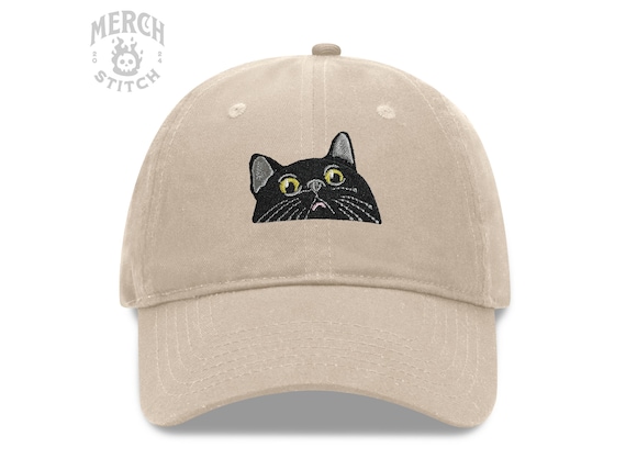 Black Cat Embroidered Dad Hat, Black Cat Hat, Black Bombay Cat Baseball Cap, Adjustable Unstructured Low Profile Buckle Closure Dad Hat
