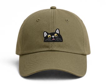 Black Cat Embroidered Dad Hat, Black Cat Hat, Black Bombay Cat Baseball Cap, Adjustable Unstructured Low Profile Buckle Closure Dad Hat