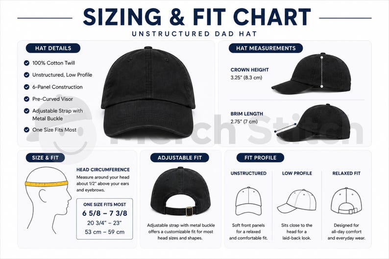 May include: A black unstructured dad hat sizing and fit chart. The graphic displays a 6-panel cotton twill hat with a pre-curved visor and metal buckle. It includes measurements: 3.25-inch crown height, 2.75-inch brim length, and 20.75 to 23-inch head circumference.