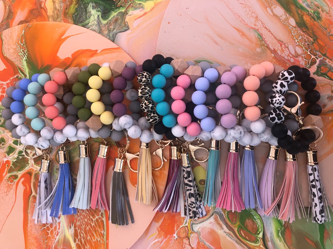 Silicone Beaded Key Ring Bracelet Leather Tassels Wristlet Etsy