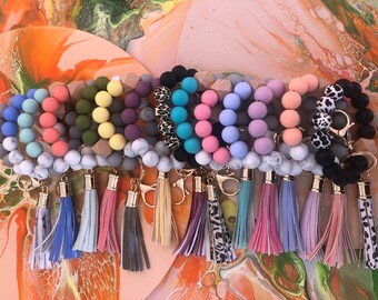 Silicone Beaded Key Ring Bracelet Leather Tassels Wristlet Keychain Bangle