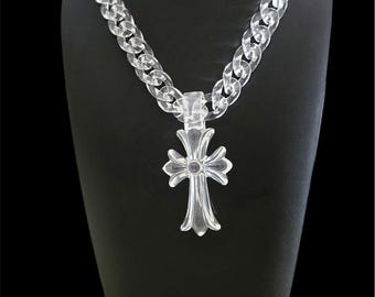Crystal Clear Acrylic Cross Pendant Necklace, Chunky Cuban Link Chain