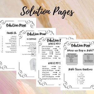 May include: A set of printable black and white solution pages for a Bible trivia game. The pages include questions about the Bible, such as "Who is my neighbor?" and "Where are they in the Bible?" The pages also include a list of the 10 Commandments.