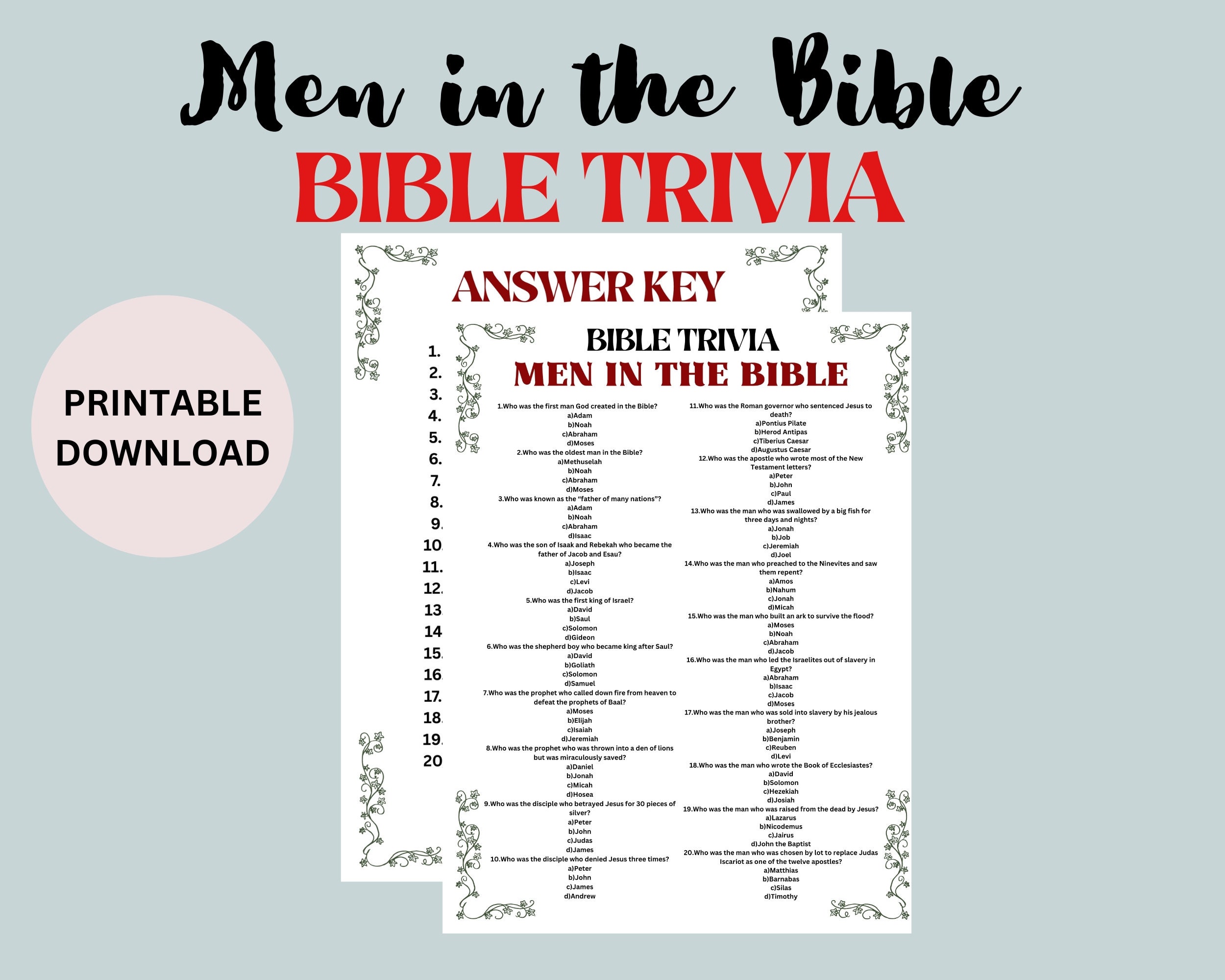 Bible Trivia Men in the Bible Game Family Activity Kids Activity Bible ...