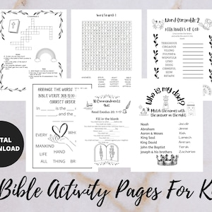 May include: A set of 17 printable Bible activity pages for kids. The pages include a crossword puzzle, word search, word scramble, fill-in-the-blank, and a matching game. The pages are black and white and feature illustrations of a rainbow, a heart, a crown, and a cross.