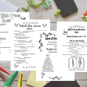 May include: Black and white printable worksheets for a Bible trivia game. The worksheets include questions about the Bible, a word scramble, and a fill-in-the-blank activity about the Ten Commandments.