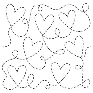 Puede incluir: Un patrón gráfico en blanco y negro que presenta múltiples formas de corazón delineadas con líneas discontinuas. Los corazones están interconectados por líneas discontinuas continuas y onduladas que crean un diseño fluido y rítmico.