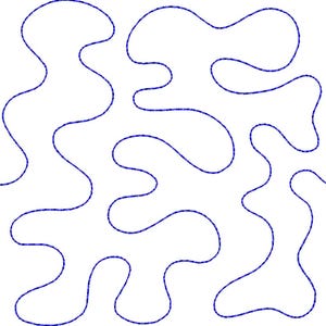 Könnte beinhalten: Eine digitale Illustration aus einer durchgehenden Linie mit einer Reihe von miteinander verbundenen, fließenden und organischen blauen Kurven, die ein abstraktes, geschlängeltes Muster auf weißem Hintergrund bilden und ein sich wiederholendes, labyrinthartiges Design ergeben.