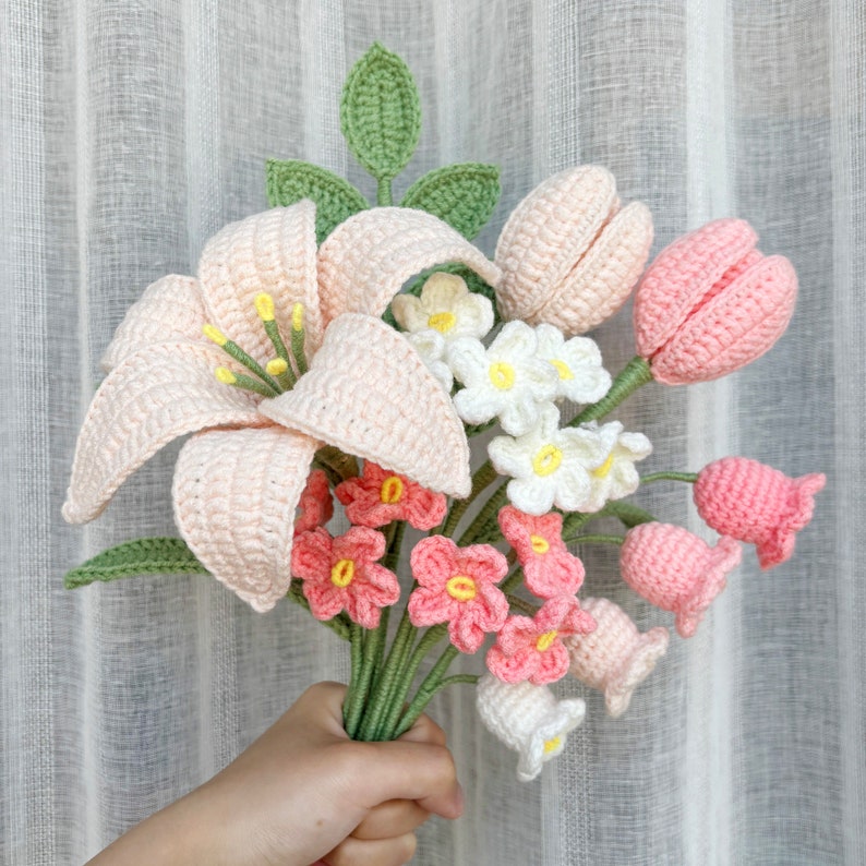 Flower Bouquet Crochet Pattern Bundle Lily, Tulip, Lily of the Valley, Forget-me-not, Ash Leaf DIY Handmade Craft Project English image 4