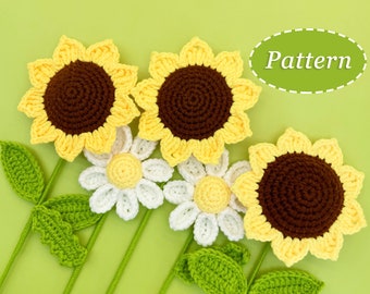 Schema all'uncinetto per girasoli e margherite / Bouquet di fiori all'uncinetto / Download digitale PDF / Inglese