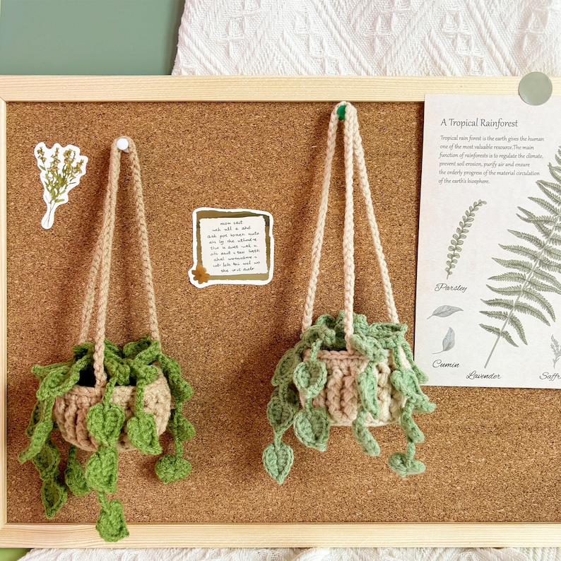 May include: Two crocheted hanging plant pots with green leaves and a beige crocheted pot. The pots are hanging from a cork board with a sticker that says "more sad with all a sad dish got broken while we put trees around it and a tea kettle about to boil and a dish and a tea kettle about to boil and we sit here and wait on the next disaster"