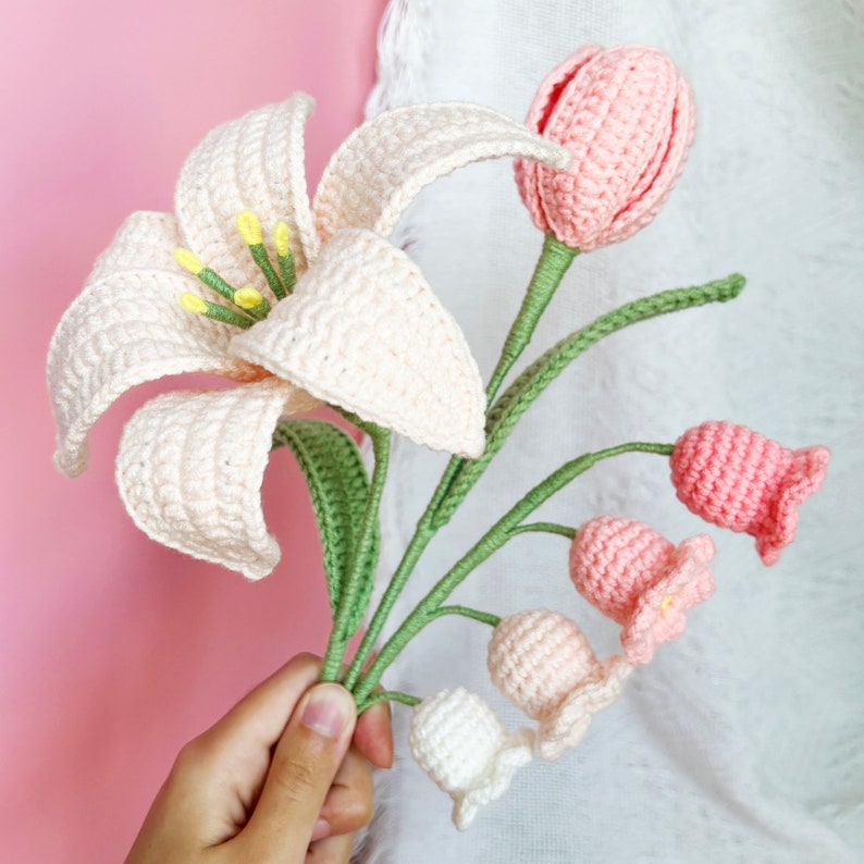 Flower Bouquet Crochet Pattern Bundle Lily, Tulip, Lily of the Valley, Forget-me-not, Ash Leaf DIY Handmade Craft Project English image 10