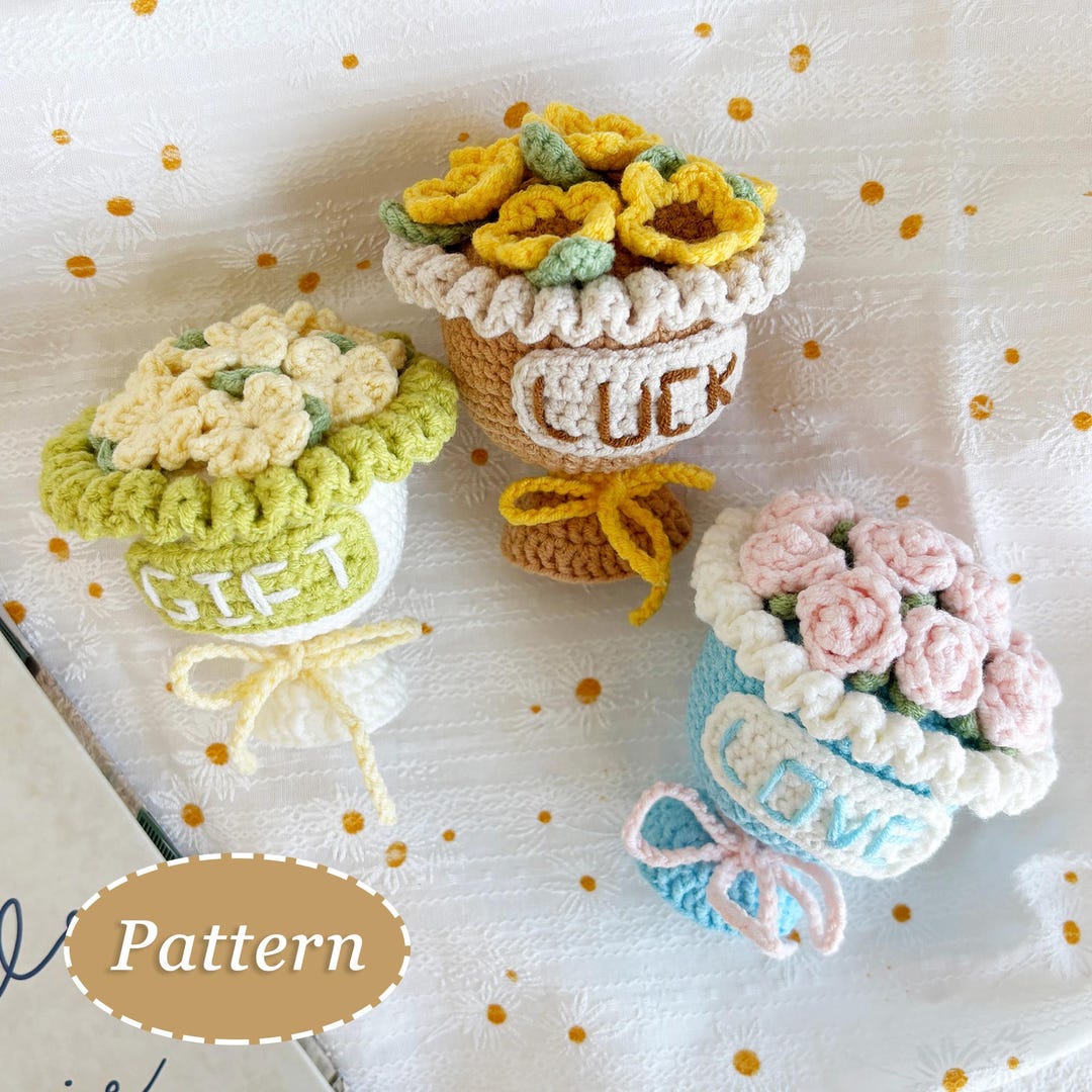 Mini Flower Bouquets Crochet Pattern: Rose, Sunflower, Daisy (digital ...