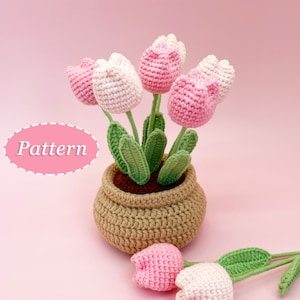 チューリップの植木鉢のかぎ針編みパターン | 花束 DIY かぎ針編みパターン | 英語