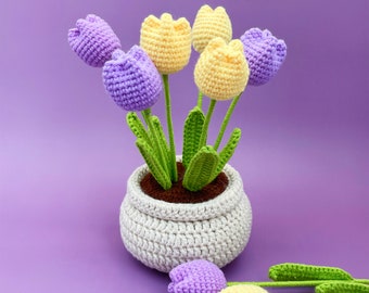 Kit de ganchillo de flores, maceta de tulipán, vídeo tutorial paso a paso, decoración artesanal para el hogar, idea de regalo, morado y amarillo