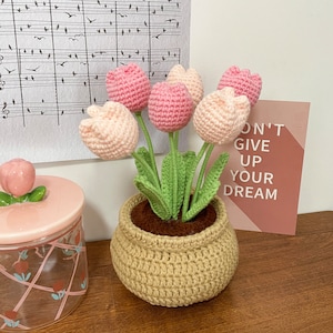 Flower Crochet Kit Tulip Flowerpot Step-by-Step Video Tutorial DIY Home Decoration Craft Gift Idea Pink image 4