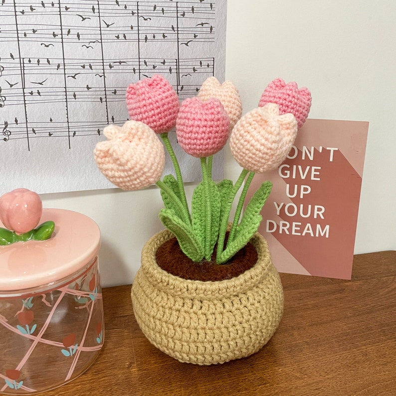 Flower Crochet Kit Tulip Flowerpot Step-by-Step Video Tutorial DIY Home Decoration Craft Gift Idea Pink image 4