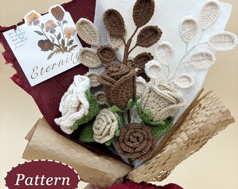 Rose Bouquet Crochet Pattern Bundle | 3 Different Roses and Eucalyptus Cinerea | DIY Handmade Craft Project | English