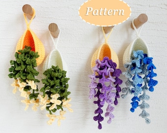 2in1 Hanging Basket Crochet Pattern Bundle | Pothos Neon and Wisteria Flower | Wall Hanging Home Decor | Flower Crochet Pattern | English