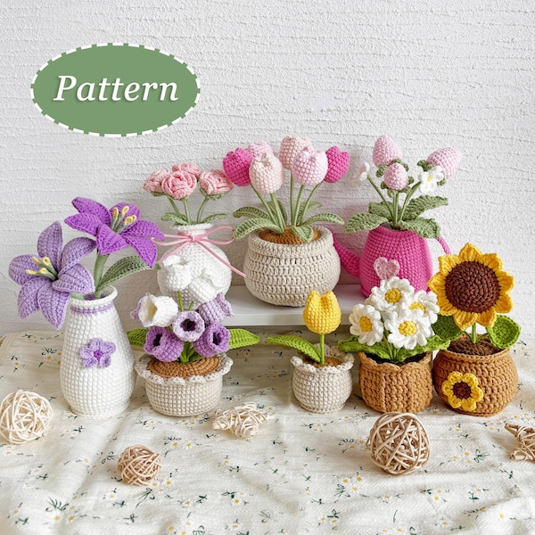 Paquete de patrones de flores de crochet: 8 plantas en maceta (descarga digital en PDF) - Inglés