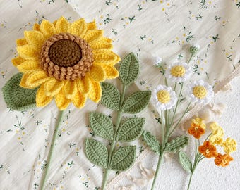 Handmade Crochet Flowers: Sunflower, Daisy, Forget-Me-Not