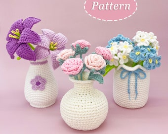 Blumen mit Vase Häkelanleitungen-Sammelbeutel | Rose, Lilie und Vergissmeinnicht | Blume DIY Häkelanleitung | Englisch