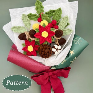 Christmas Bouquet Crochet Pattern Bundle | Poinsettia Flower, Holly Leaf, Cotton, Pinecones, Acorn | Handmade DIY Craft Project | English
