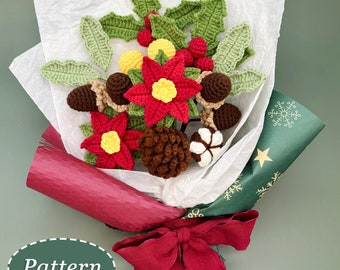 Lot de motifs au crochet pour bouquet de Noël | fleur de poinsettia, feuille de houx, coton, pommes de pin, glands | Projet d'artisanat fait main | anglais