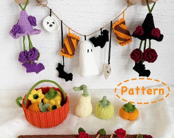 May include: A collection of handmade crochet Halloween decorations, including a witch hat, bats, ghosts, pumpkins, and a basket of flowers. The decorations are in various colors, including purple, orange, black, and white. The word "Pattern" is visible.
