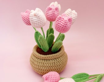 Kit de crochet de flores Maceta de tulipán / Video tutorial paso a paso / Idea de regalo artesanal para decoración del hogar DIY Rosa