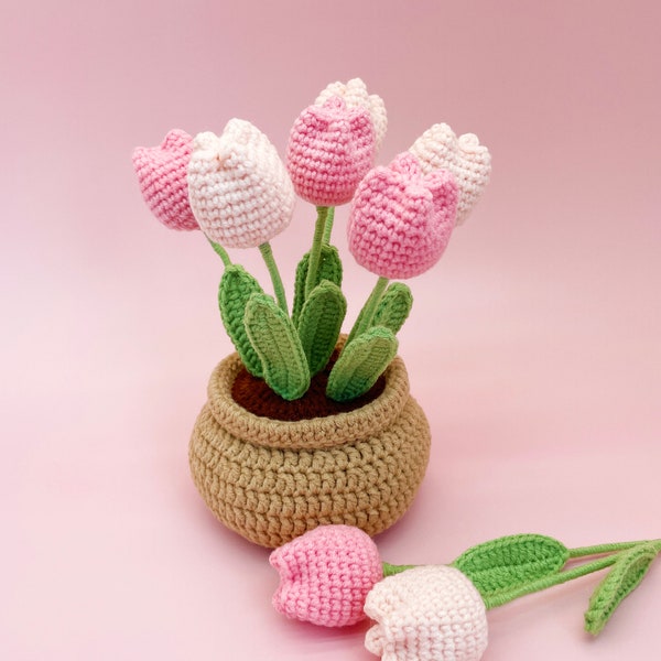 Kit de fleurs au crochet Pot de fleurs tulipe | Tutoriel vidéo étape par étape | Idée cadeau DIY pour décoration d'intérieur rose