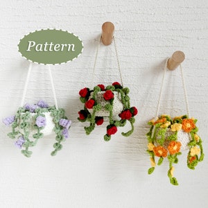 May include: Three handmade crochet hanging planters with floral designs. The planters are white with purple, red, and orange flowers and green vines. The planters hang from wooden pegs on a white wall. The word "Pattern" is in a green oval.