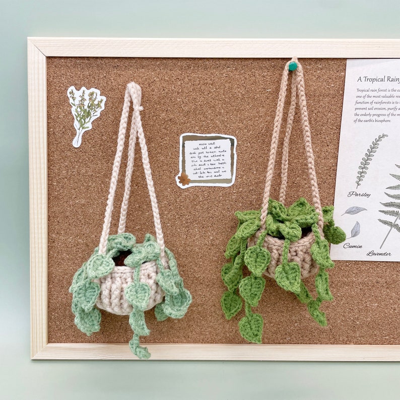 May include: Two crocheted hanging planters with green leaves and beige pots. The planters are hanging from a cork board with a handwritten note and a botanical print.