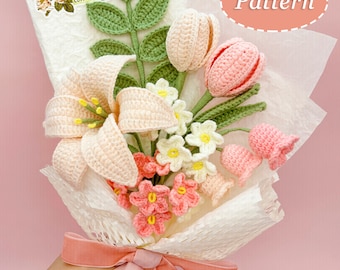 Crochet Flower Bouquet Pattern: Lily, Tulip, Forget-Me-Not, Lily of the Valley (Digital Download PDF) - English