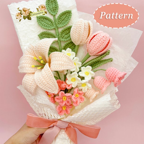 Lot de motifs au crochet pour bouquet de fleurs | muguet, tulipe, muguet, myosotis, feuille de frêne | Projet d'artisanat fait main | anglais