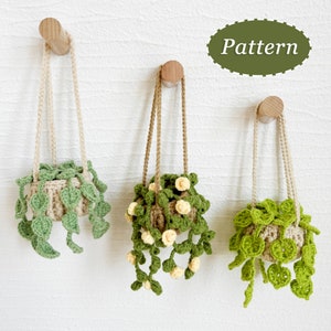 Op de afbeelding: Drie gebreide hangende plantenpotten met groene bladeren en witte bloemen. De potten hangen aan houten haken aan een witte muur. Het woord "Pattern" staat in een groene ovale vorm bovenaan de afbeelding.