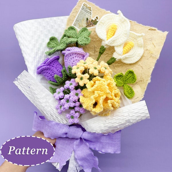 Crochet Flower Bouquet Pattern: Carnation, Rose, Calla Lily, Clover, Baby Breath (Digital PDF) - English