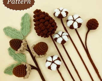 Cotton & Pinecone and Acorn Crochet Pattern | Plant bouquet DIY Crochet Pattern | English