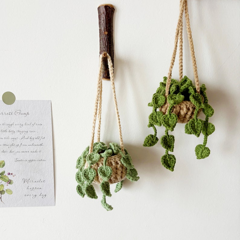 May include: Two hanging macrame plant hangers with green crocheted leaves and beige crocheted pots. The hangers are made of natural twine and are hanging from a wooden hook and a white wall.