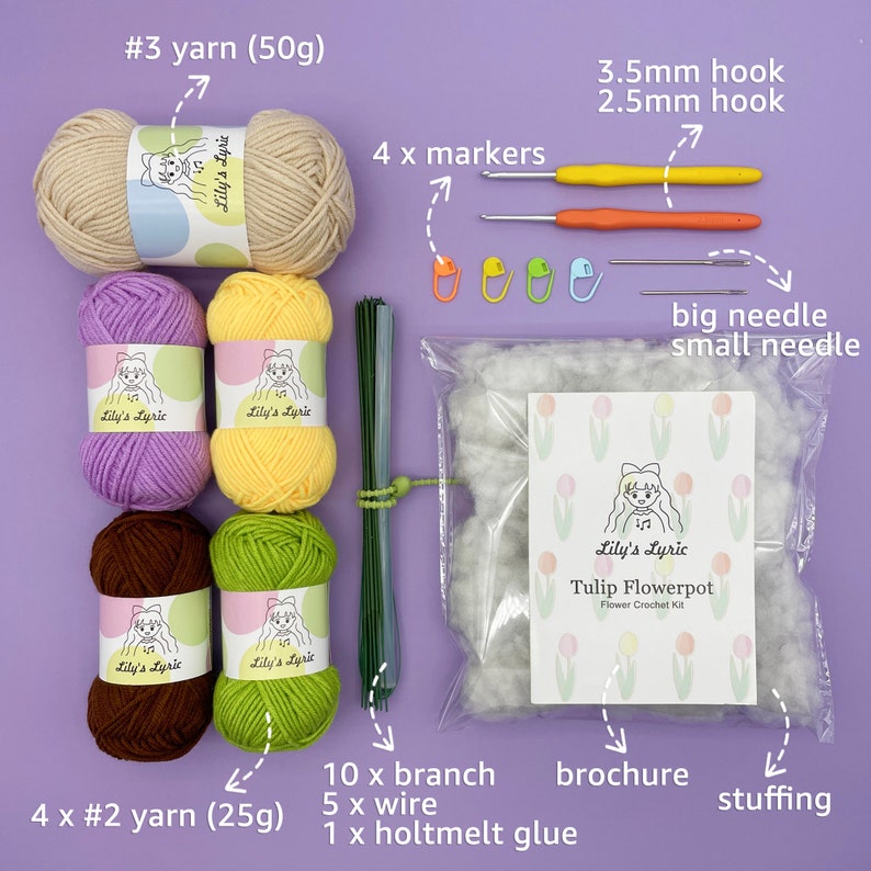 Kit de fleurs au crochet Pot de fleurs tulipe Tutoriel vidéo étape par étape Idée cadeau bricolage pour décoration d'intérieur violet et jaune image 2