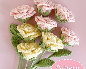 May include: A bouquet of crocheted roses in shades of pink and yellow. The roses are arranged in a cluster with green crocheted leaves. The text "Pattern" is written in a pink oval with a dashed border.
