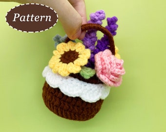 Mini Flower Basket and Flowers Crochet Pattern | Flower Bouquet DIY Crochet Pattern | English