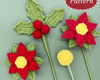 Motif au crochet de fleurs de poinsettia et de feuilles de houx | Bouquet de fleurs - Modèle bricolage au crochet | anglais