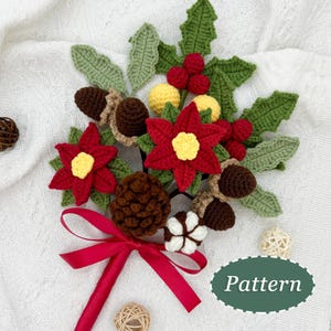 Weihnachtsstrauß Häkelanleitungen-Bundle | Weihnachtsstern, Ilexblatt, Baumwolle, Tannenzapfen, Eichel | Handmade DIY Craft Projekt | Englisch