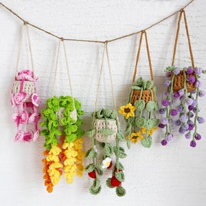 Könnte beinhalten: Fünf handgefertigte, gehäkelte Hängeampeln mit verschiedenen Pflanzenmotiven. Die Pflanzgefäße sind an einem braunen Bindfaden aufgehängt. Jede Pflanze hat ein anderes Farbschema, darunter Rosa, Grün, Gelb und Lila, mit detaillierter Häkelarbeit.