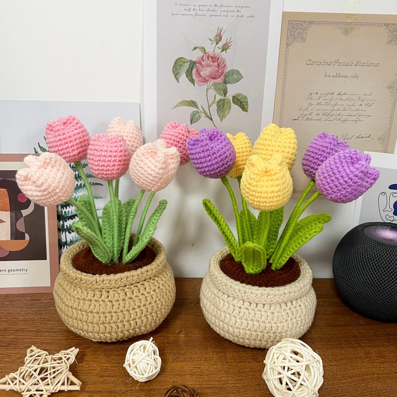 Szydełkowy wzór doniczki z tulipanem Bukiet kwiatów DIY wzór na szydełku język angielski zdjęcie 8