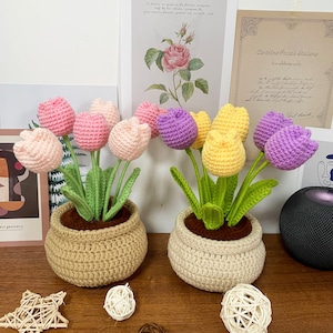 Kit de fleurs au crochet Pot de fleurs tulipe Tutoriel vidéo étape par étape Idée cadeau bricolage pour décoration d'intérieur violet et jaune image 6