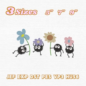 May include: An embroidered design featuring four cartoon-like creatures holding colorful flowers. The text "3 Sizes" is above the creatures, with size measurements of 12.7cm, 17.8cm, and 22.9cm. Below the creatures are the letters JEF EXP DST PES VP3 HUS6.
