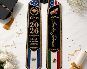 Custom Printed Three Flags Graduation Stole 2026, Mexico El Salvador USA Mixed Flag Grad Sash with Name, Triple Country Graduation Stole